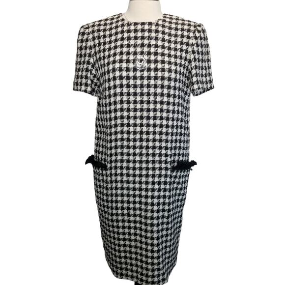 Albert Nipon Dress Size 10 Houndstooth Shift Dress Fringe Trim Black White - Picture 1 of 9